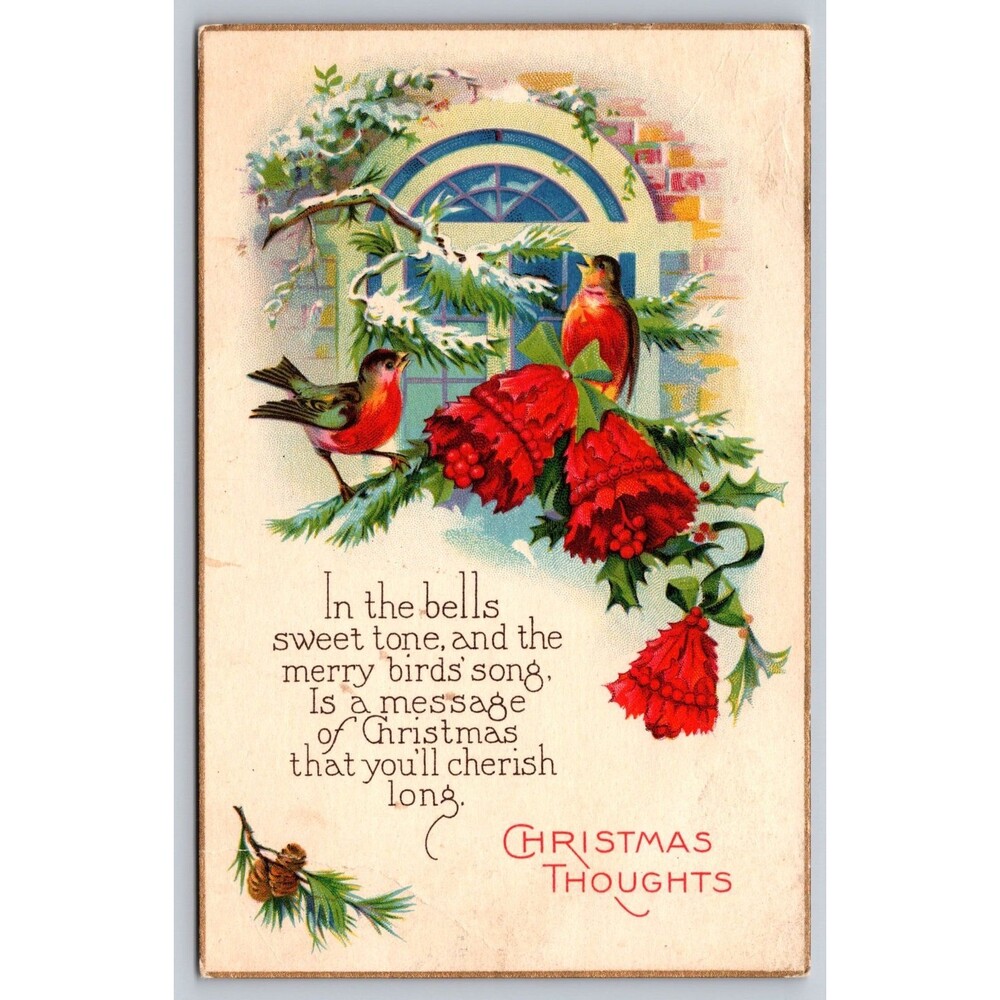 Postcard Christmas Thoughts Bells Blue Birds Singing Posted 1932 Made in USA VTG